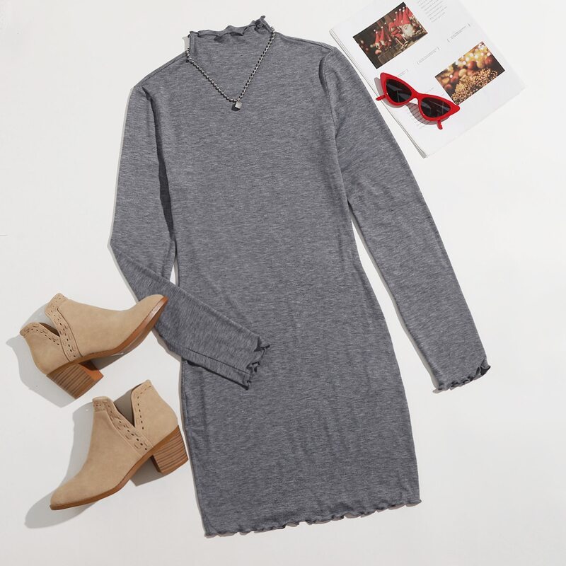 

Mock-Neck Lettuce Trim Dress, Grey