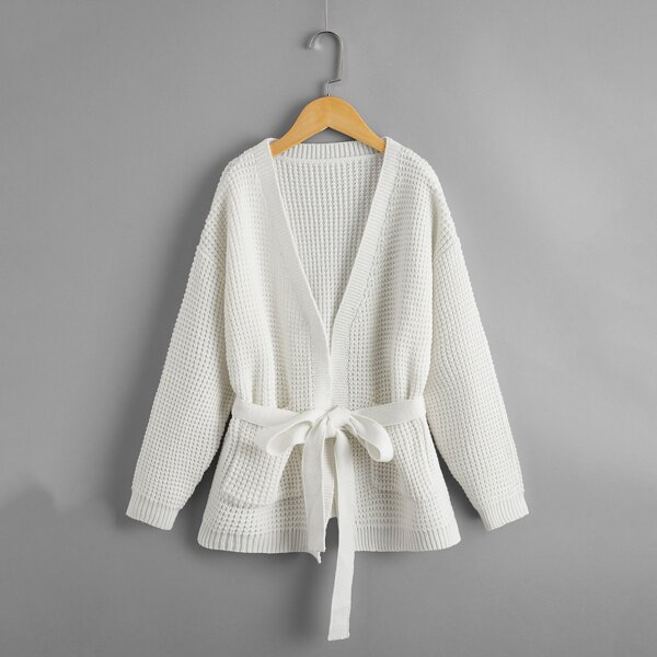 

Girls Self Tie Drop Shoulder Cardigan, White