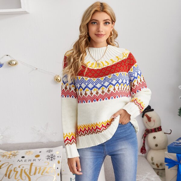 

Christmas Raglan Sleeve Graphic Pattern Sweater, White