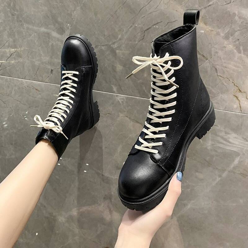 

Colorblock Strap Lace-up Combat Boots, Beige