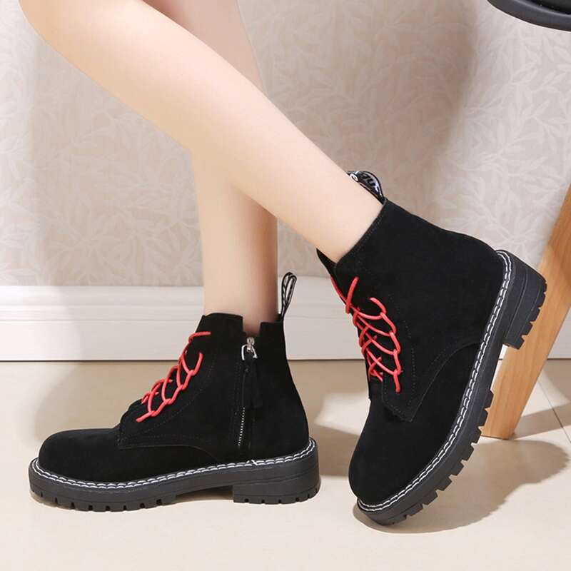 

Colorblock Strap Lace-up Suede Combat Boots, Black