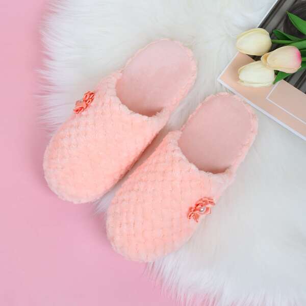 

Round Toe Flower Decor Fluffy Slippers, Orange