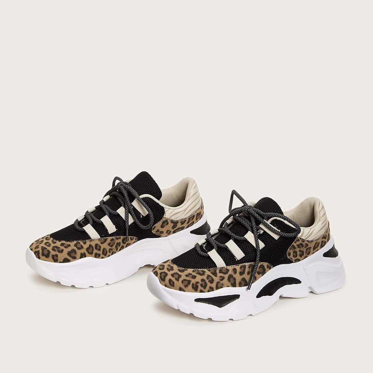 

Leopard Panel Lace Up Front Chunky Sneakers, Multicolor