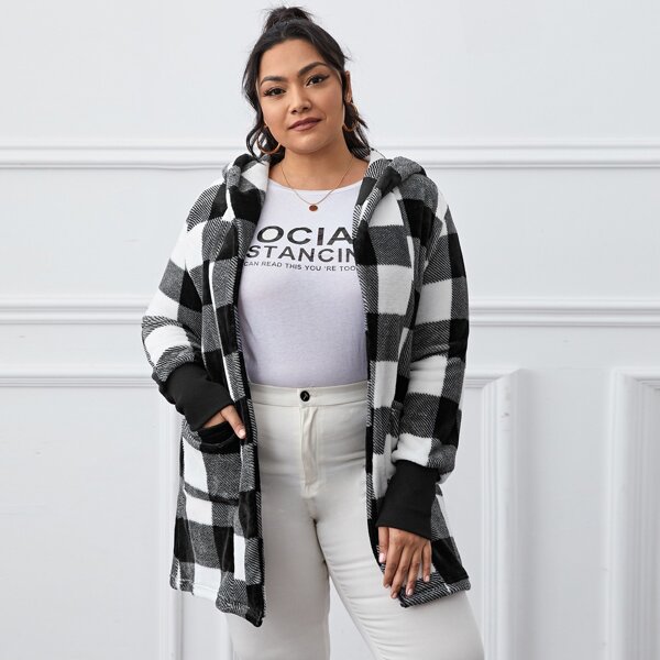 

Plus Open Front Buffalo Plaid Hooded Coat, Black and white