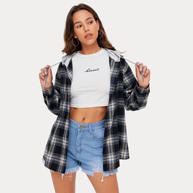 

Plaid Button Front Drawstring Blouse, Multicolor