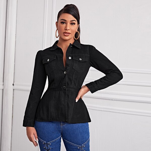 

Puff Sleeve Peplum Denim Jacket, Black
