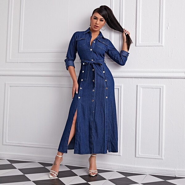 

Button Front Self Belted Denim Dress, Medium wash