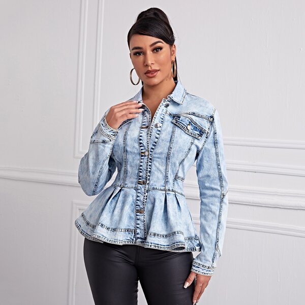 

Button Front Ruffle Hem Denim Jacket, Light wash
