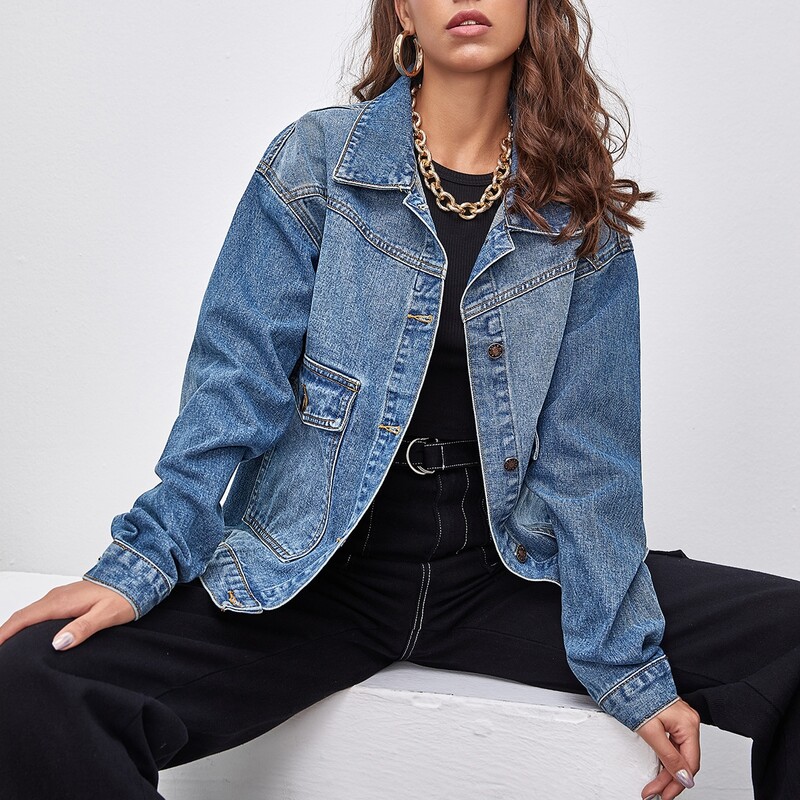 

Flap Pocket Drop Shoulder Denim Jacket, Medium wash