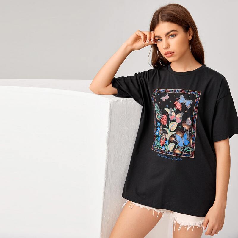

Butterfly Pattern Oversized Tee, Black
