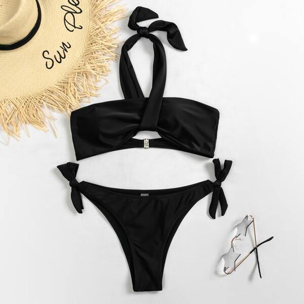 

Plain Halter Tie Side Bikini Swimsuit, Black
