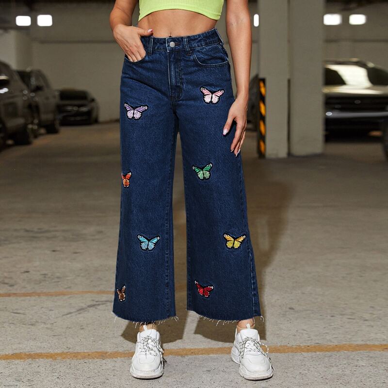 

High Waisted Butterfly Embroidery Wide Leg Jeans, Dark wash
