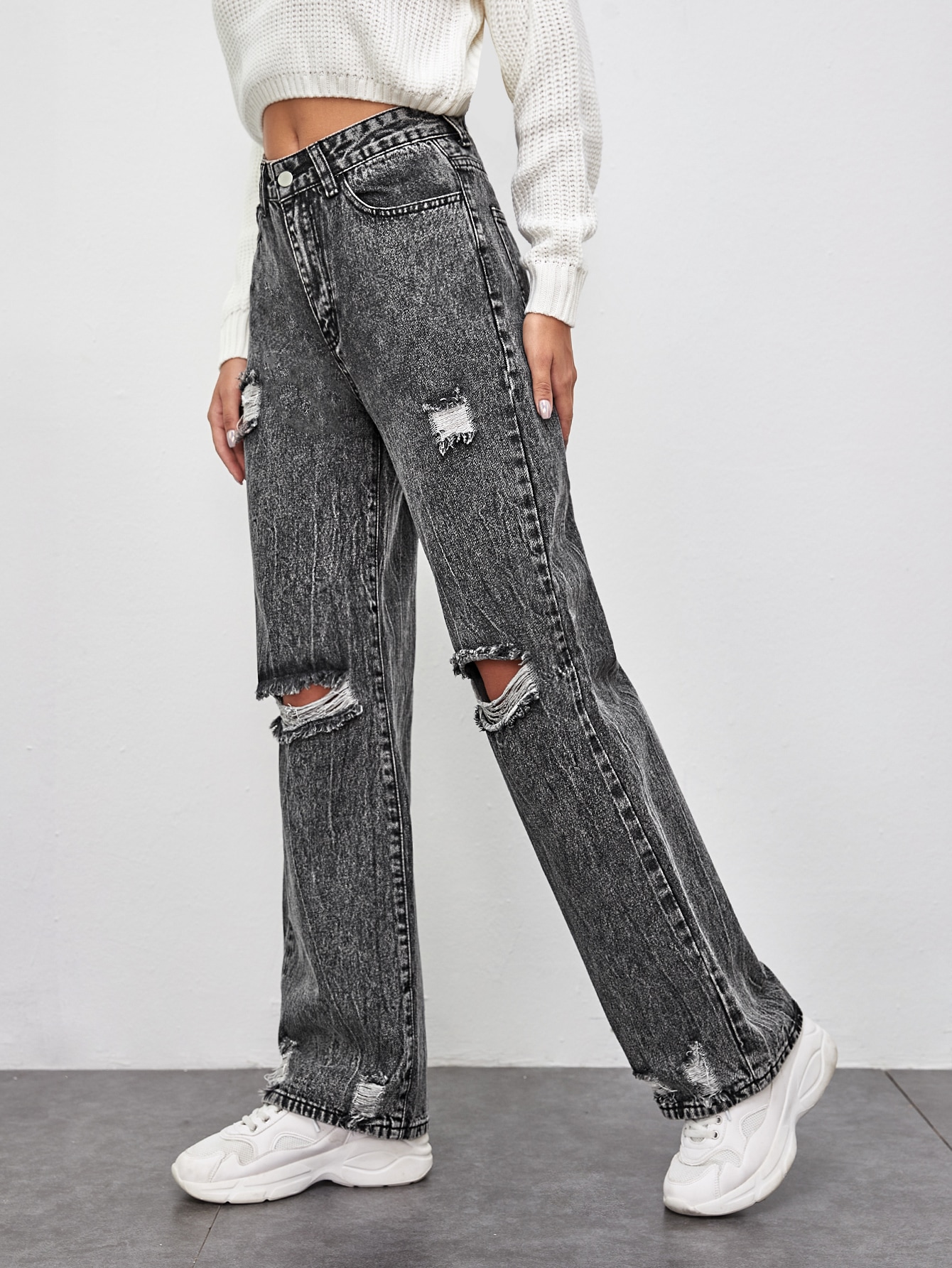 Gray Wash Ripped Straight Leg Jeans Without Belt thumbnail