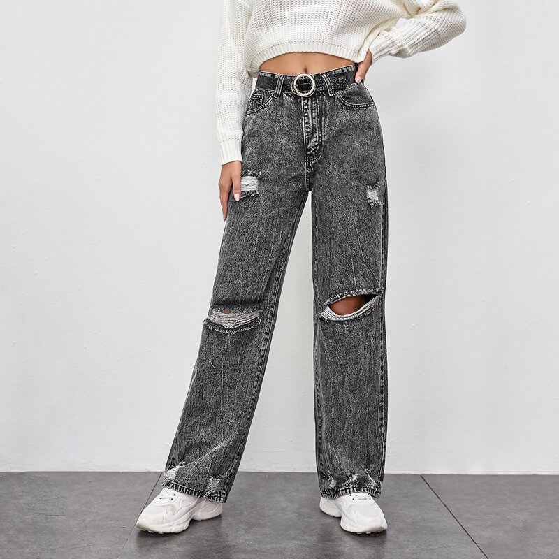 

Gray Wash Ripped Straight Leg Jeans Without Belt, Dark grey