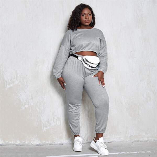 

Plus Crop Drop Shoulder Sweatshirt With Sweatpants Without Bag, Grey