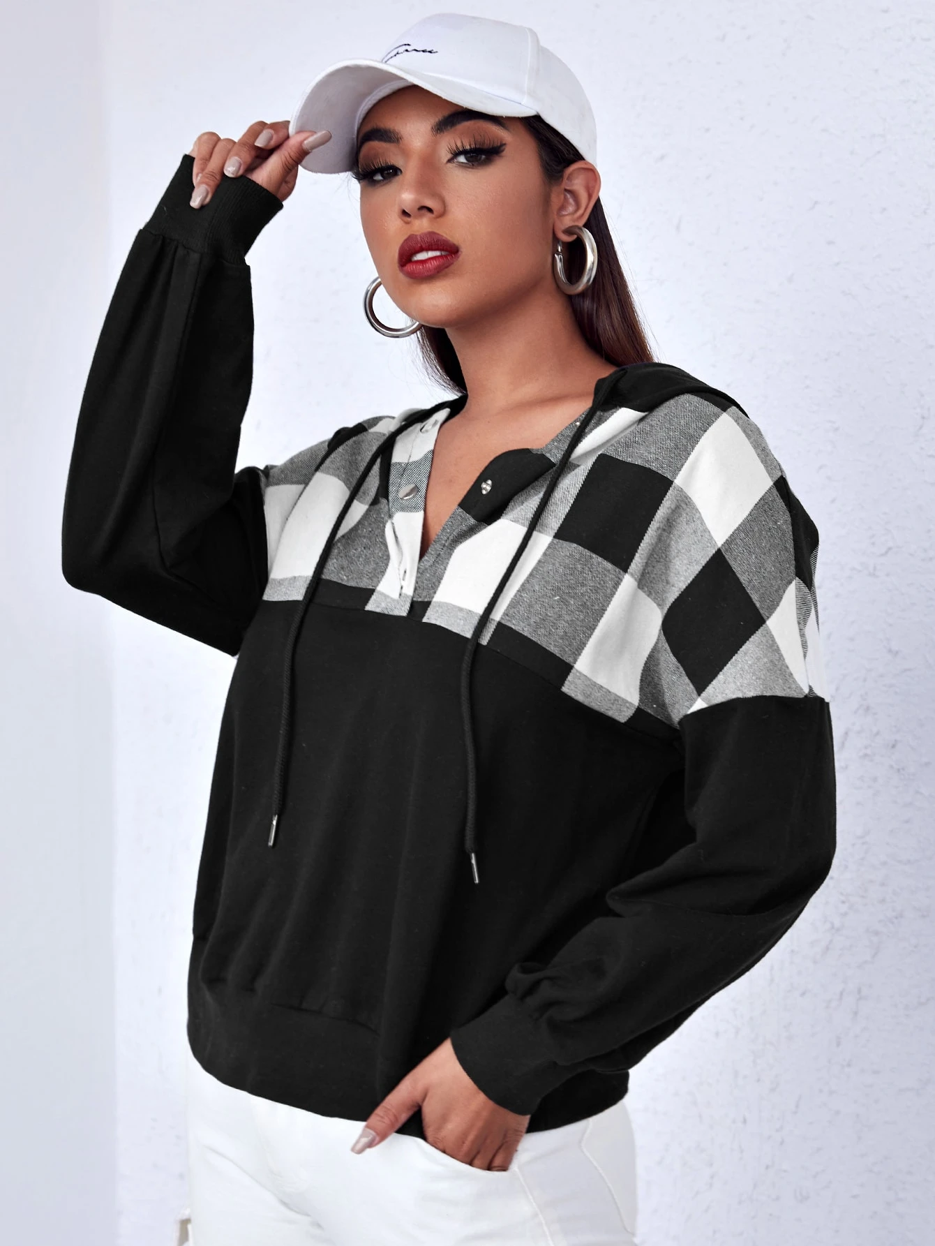 drawstring half button hooded sweater