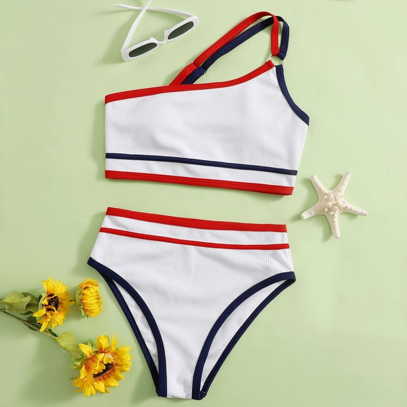 

Contrast Binding One Shoulder Bikini Swimsuit, White