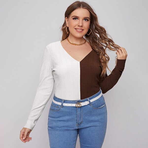 

Plus V-neck Two Tone Top, Multicolor