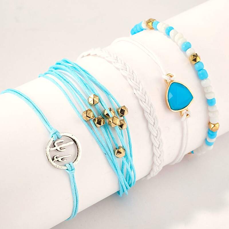 

5pcs Gemstone & Cactus Rope Bracelet, Multicolor