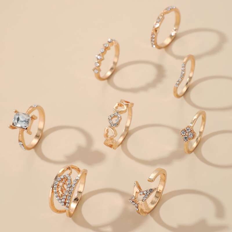 

9pcs Rhinestone Heart & Star Ring, Gold