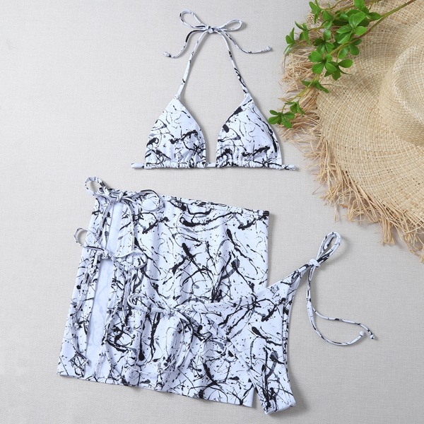 

3pack Graphic Print Triangle Tie Side Bikini Swimsuit, Black and white