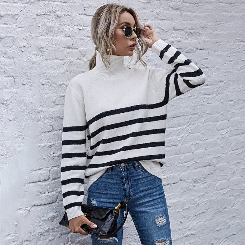 

High Neck Striped Sweater, White