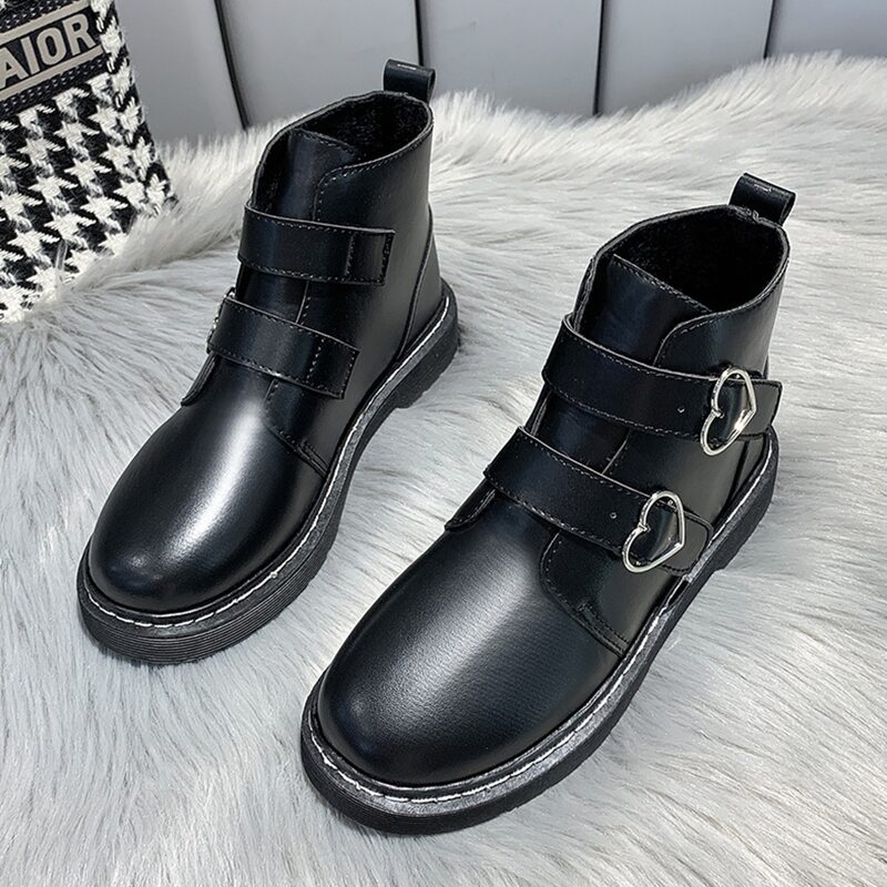 

Simple Heart Buckle Ankle Boots, Black