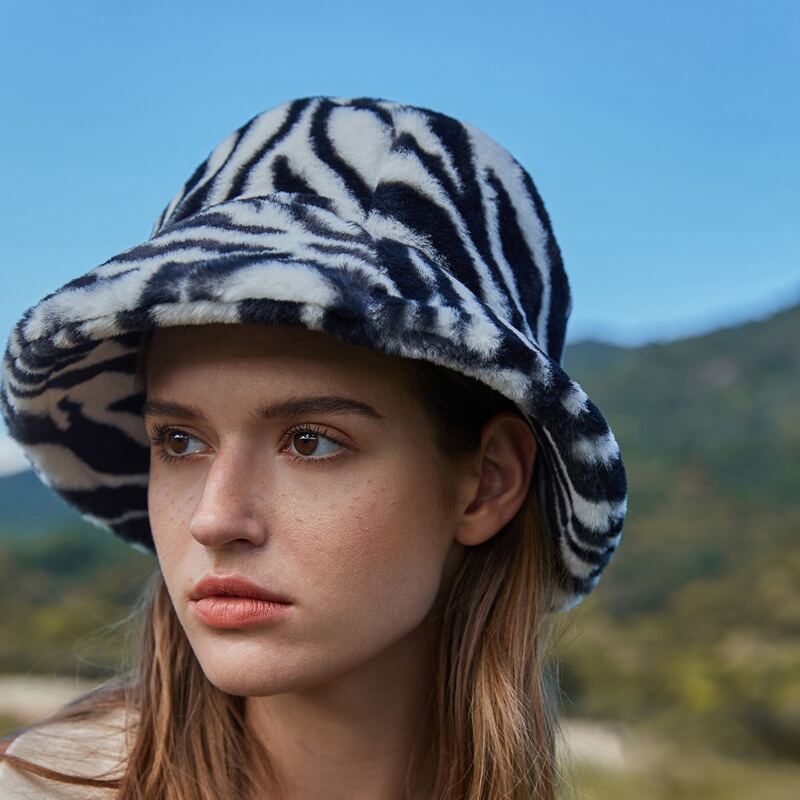 

Zebra Stripe Fluffy Bucket Hat, Black and white