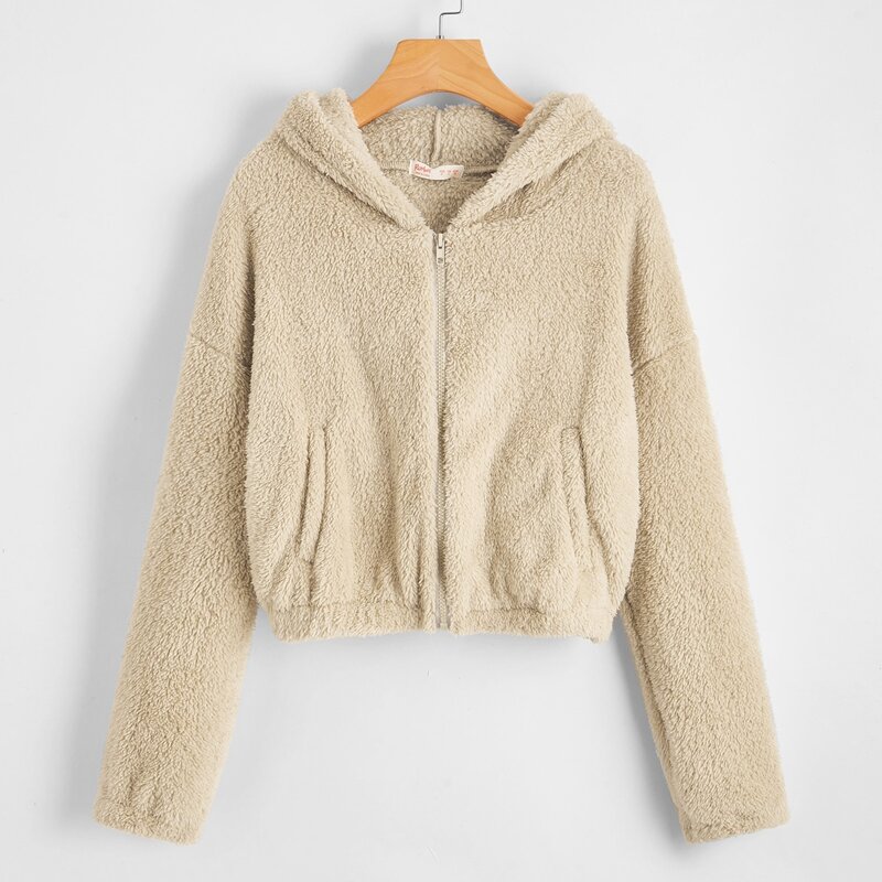 

Solid Zip Up Pocket Teddy Jacket, Khaki