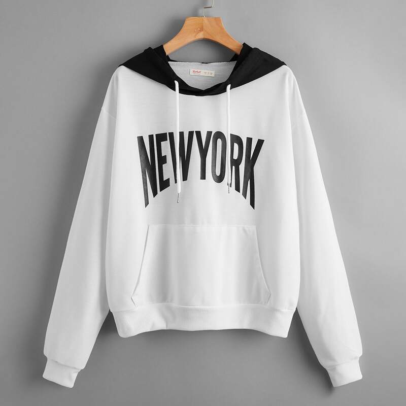 

Letter Colorblock Drawstring Hoodie, Black and white
