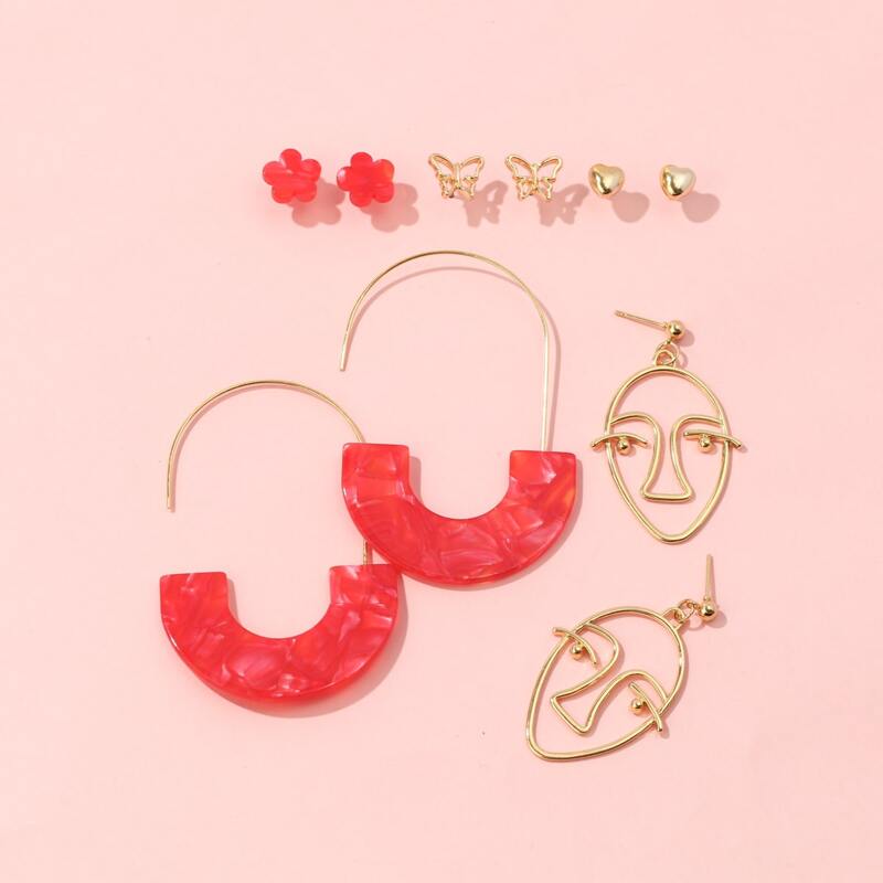 

5pairs Abstract Face & Geo Earring Set, Multicolor