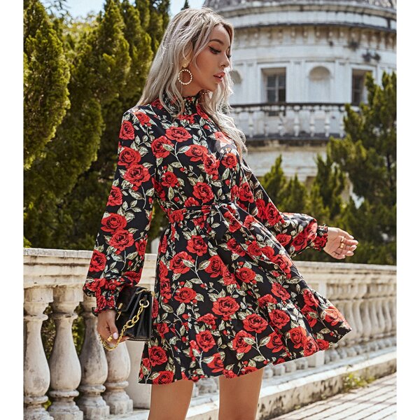 

Allover Floral Ruffle Neck Belted Dress, Multicolor