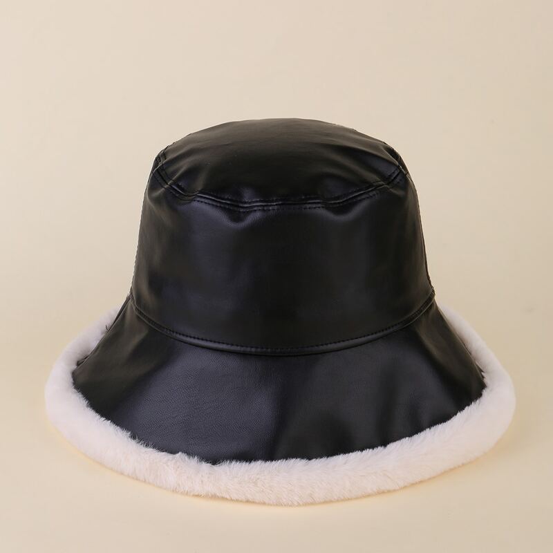 

Fluffy Trim PU Bucket Hat, Black