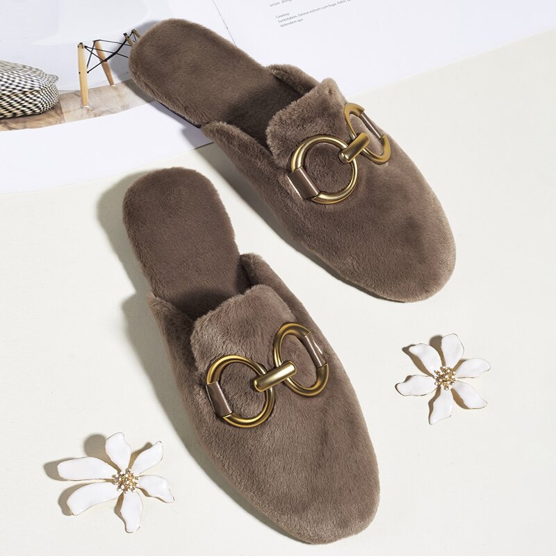 

Metal Decor Fluffy Flat Mules, Khaki