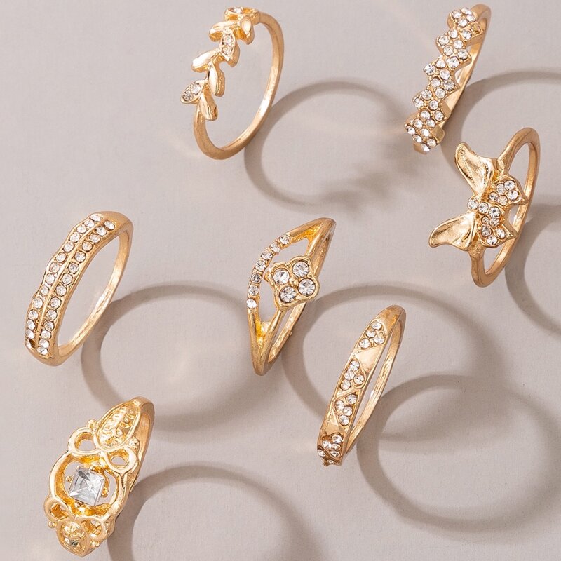 

7pcs Rhinestone Leaf Ring, Gold