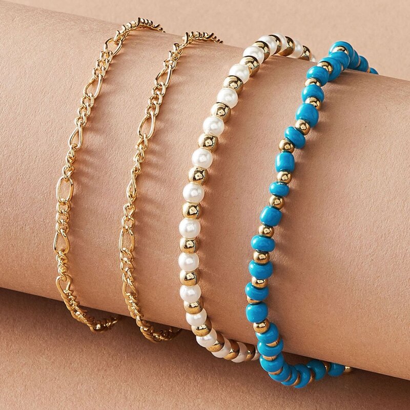 

4pcs Colorblock Beaded Chain Bracelet, Multicolor
