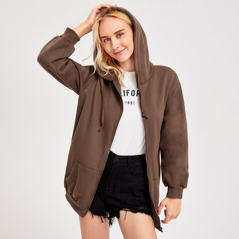 

Solid Zip Up Hoodie, Coffee brown