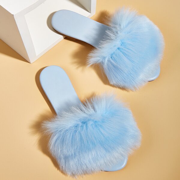 

Faux Fur Decor Slide Sandals, Blue