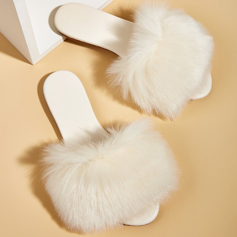 

Faux Fur Decor Slide Sandals, Khaki