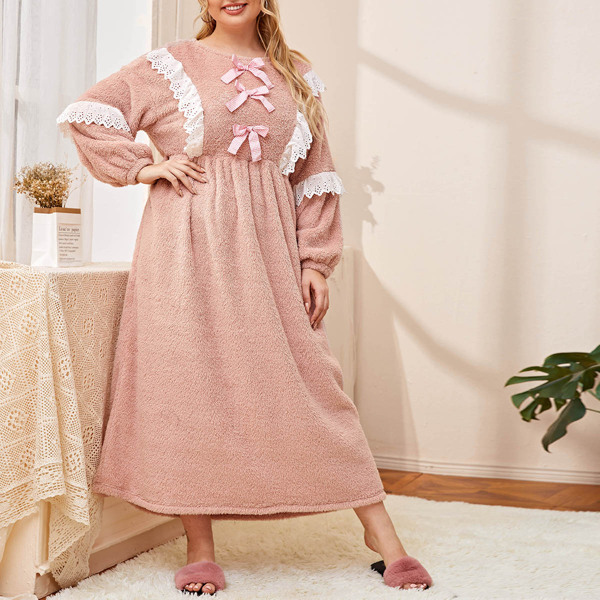 

Plus Bow Detail Eyelet Embroidered Ruffle Trim Teddy Nightdress, Dusty pink