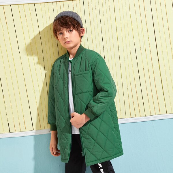 

Boys Patch Pocket Zipper Placket Quilted Coat, Green