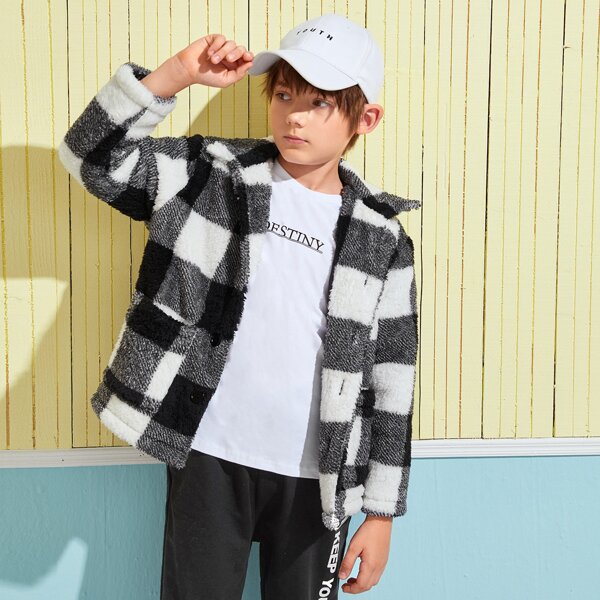 

Boys Patch Pocket Gingham Teddy Jacket, Black and white