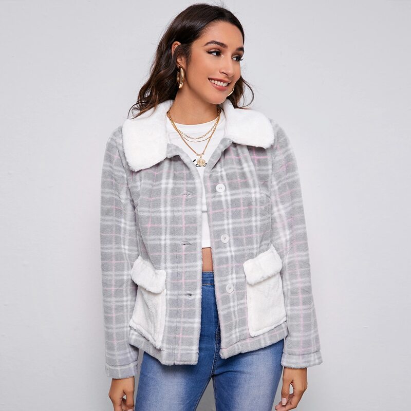 

Flap Pocket Button Front Plaid Teddy Jacket, Light grey