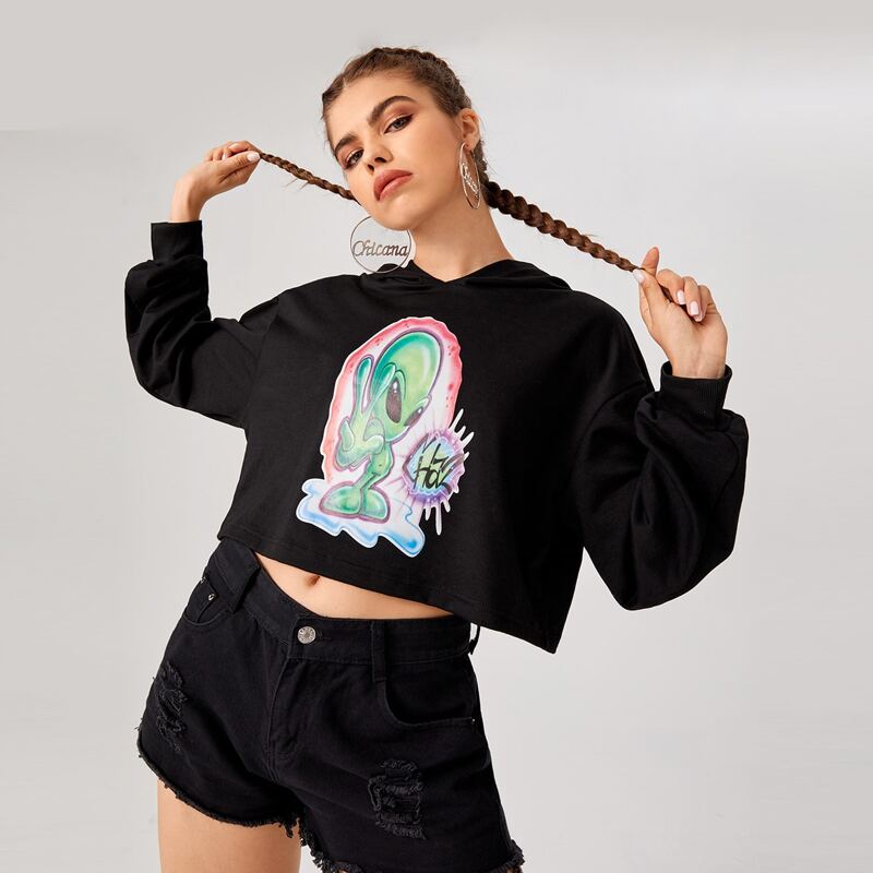 

Alien Print Drop Shoulder Hoodie, Black