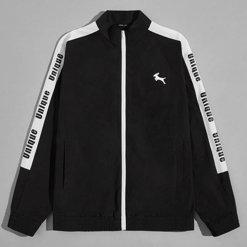 

Guys Contrast Letter Sideseam Argali Print Wind Jacket, Black