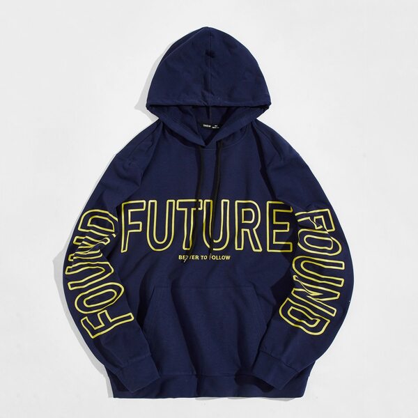 

Men Letter Graphic Patch Pocket Drawstring Hoodie, Navy blue