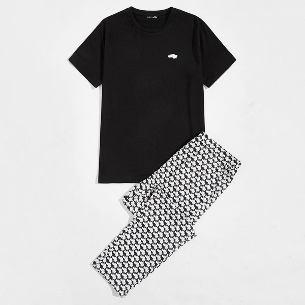 

Men Rhinoceros Print Top & Allover Print Pants PJ Set, Black and white