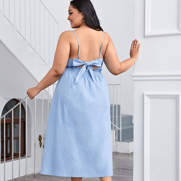

Plus Solid Bow Back Shirred Cami Denim Dress, Light wash