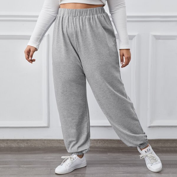 

Plus Solid Elastic Waist Sweatpants, Light grey