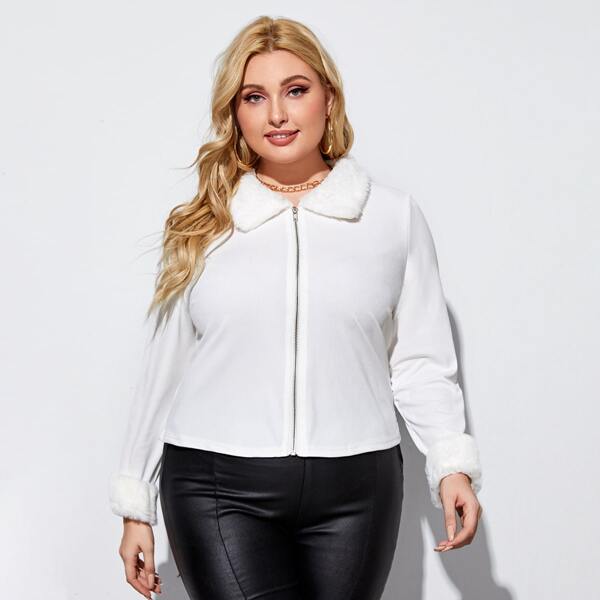 

Plus Contrast Collar Zip Up Top, White